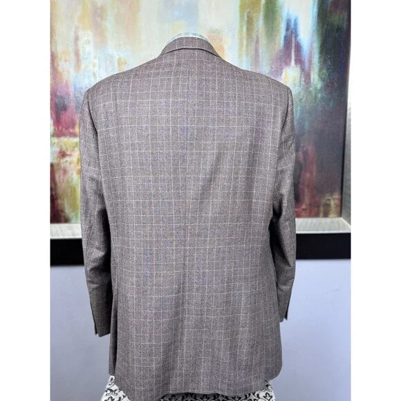 J Hilburn Mens Brown Glen Check Soft Wool Blazer 46L MSRP $1299